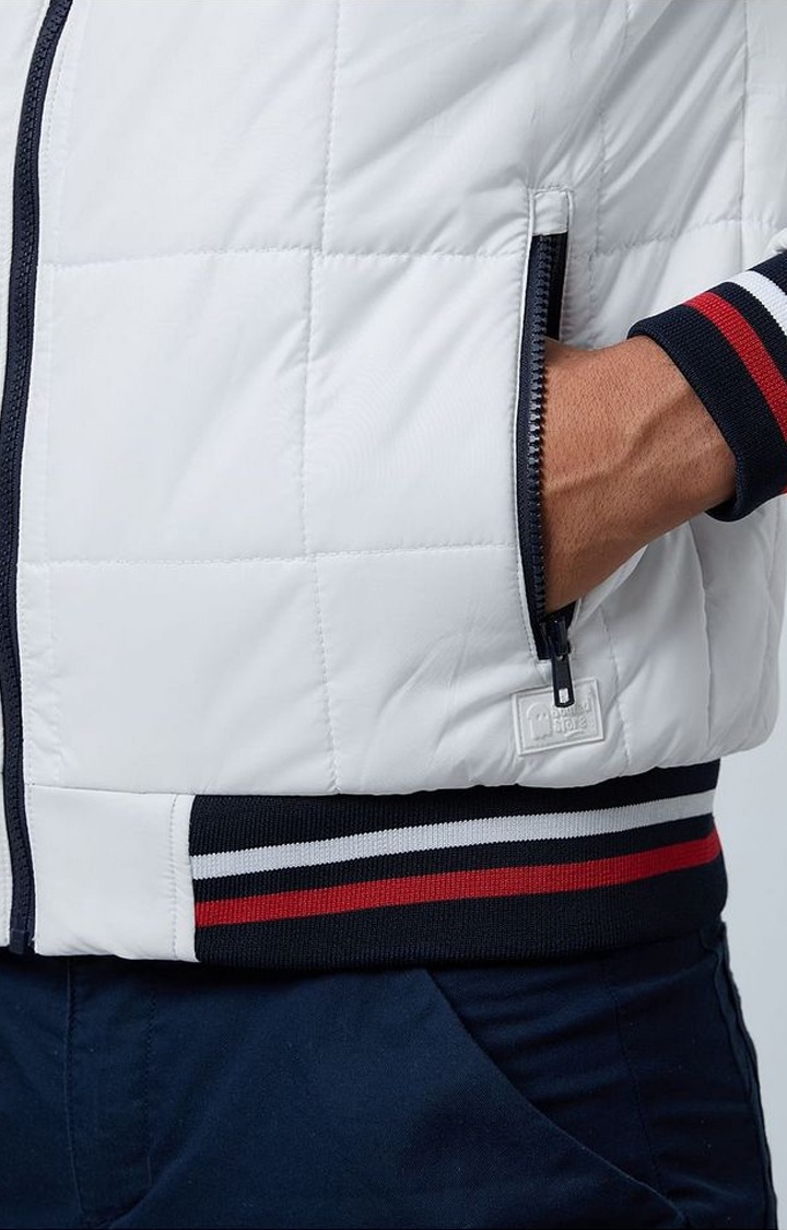 Men's Iron Man: Mask Logo White Striped Bomber Jacket