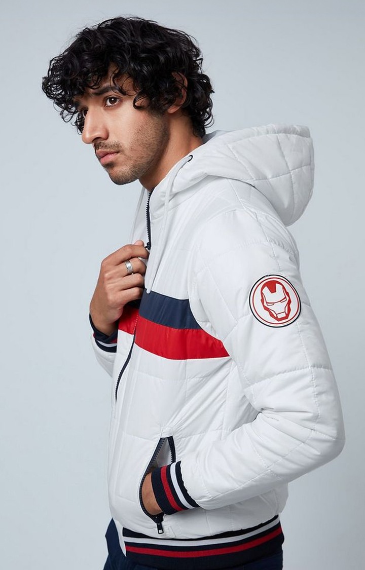 Men's Iron Man: Mask Logo White Striped Bomber Jacket