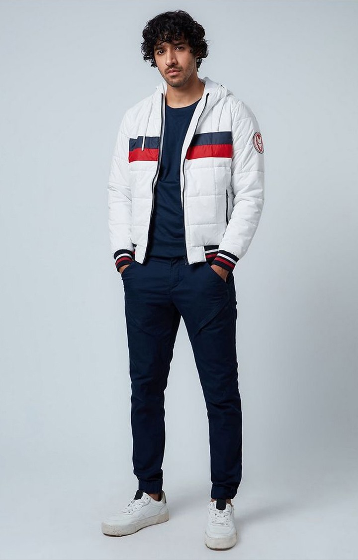 Men's Iron Man: Mask Logo White Striped Bomber Jacket