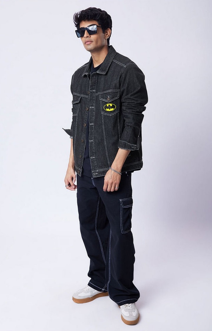 Men's Batman: Wayne's Bat Black Printed Denim Jacket