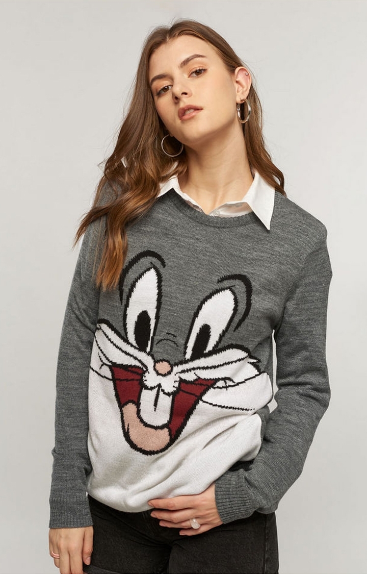 The Souled Store | Women's Looney Tunes: Knitted Bugs Bunny Sweater Grey Printed Sweaters
