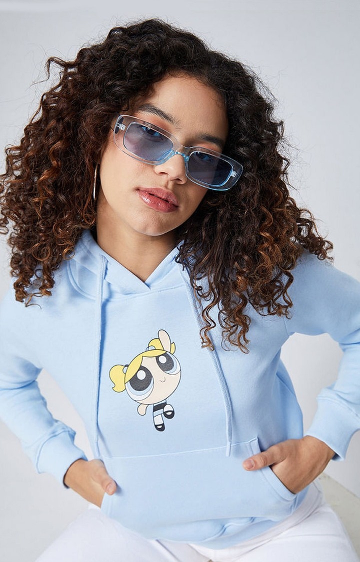 Women's Powerpuff Girls: Bubbles Blue Printed Hoodies