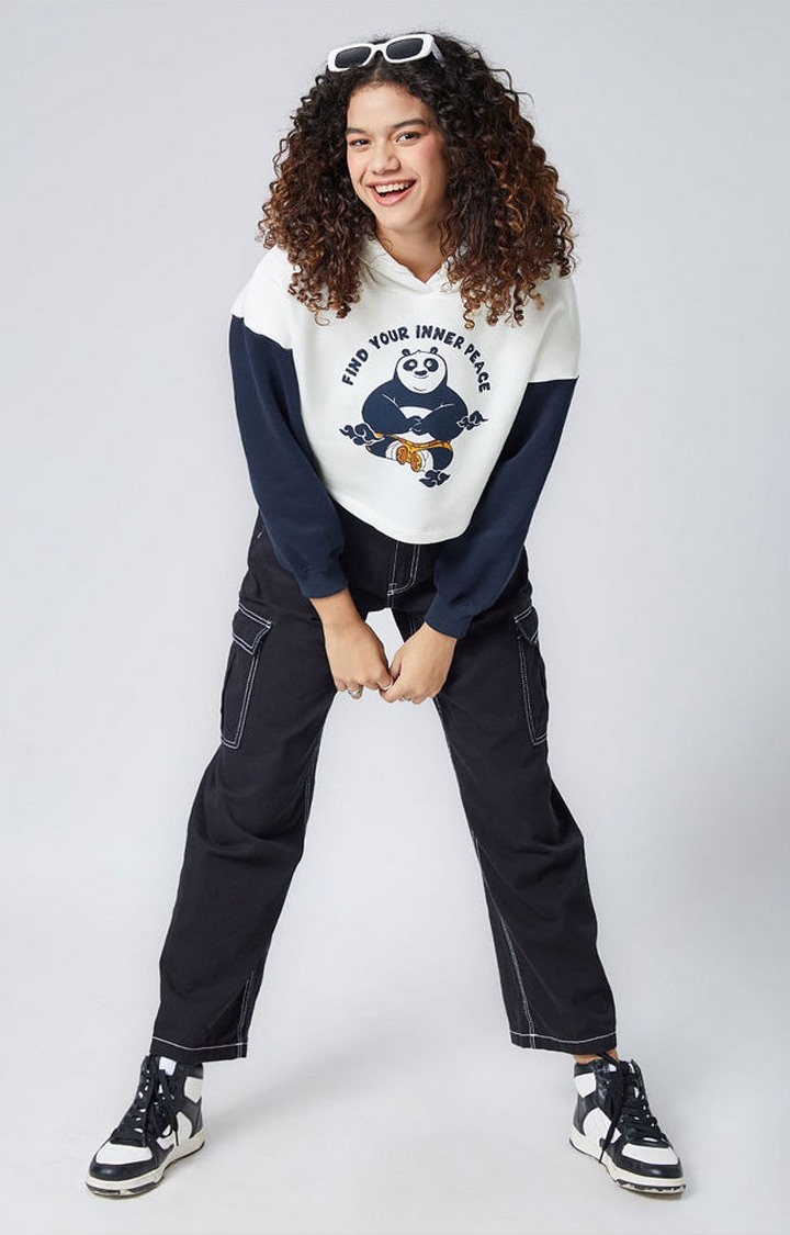Women's Kung Fu Panda: Po & Peace White Printed Hoodies