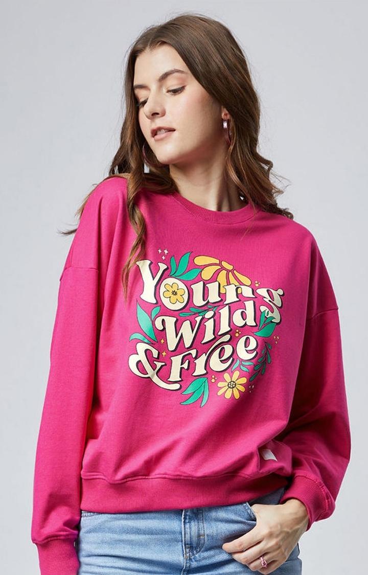The Souled Store | Women's Young Wild & Free Pink Typographic Printed Sweatshirts
