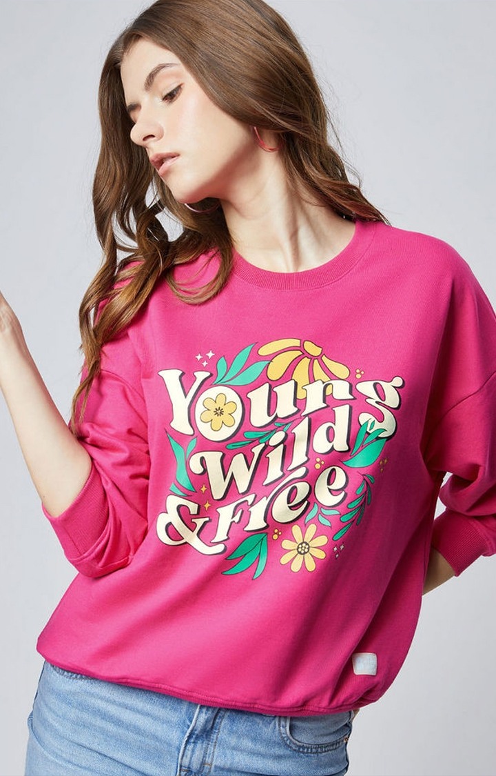 Women's Young Wild & Free Pink Typographic Printed Sweatshirts