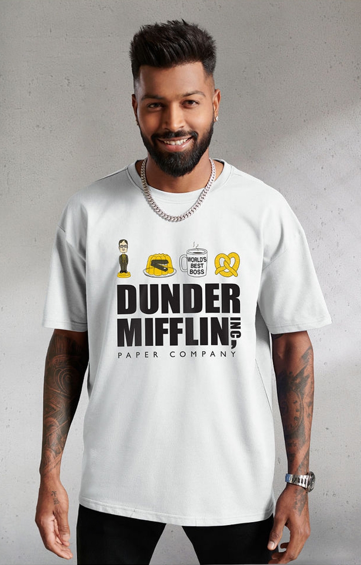 The Souled Store | Men's The Office: Dunder Mifflin's Finest White Printed Oversized T-Shirt
