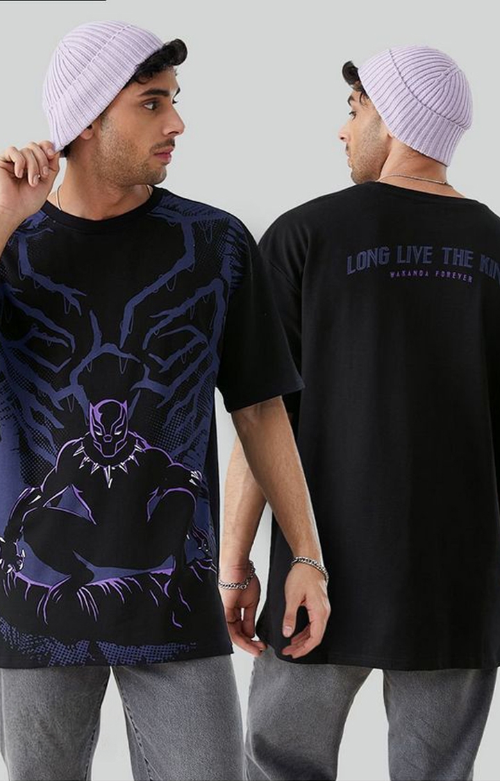 Men's Black Panther: Long Live The King Black Printed Oversized T-Shirt