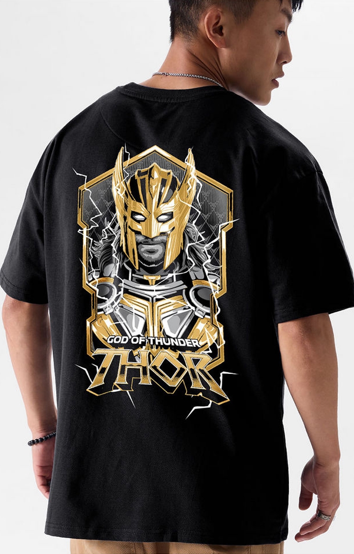 Men's Thor: Meet The God Of Thunder Black Printed Oversized T-Shirt