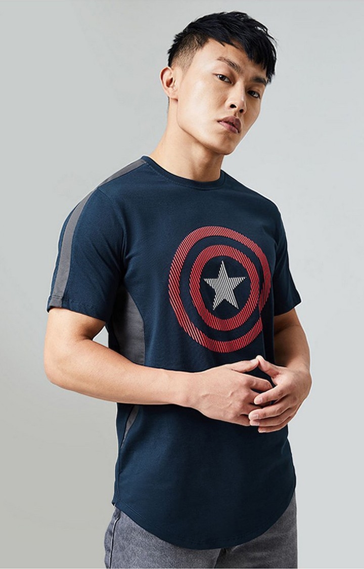 Men's Captain America: The Shield Blue Typographic Printed Regular T-Shirt