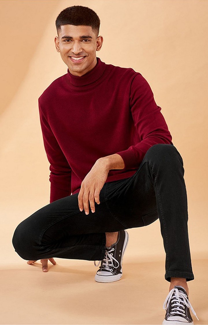 Men's Red Solid Sweaters