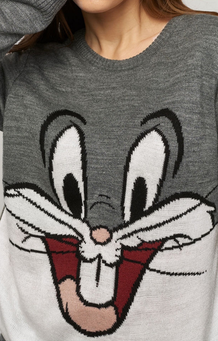 Women's Looney Tunes: Knitted Bugs Bunny Sweater Grey Printed Sweaters
