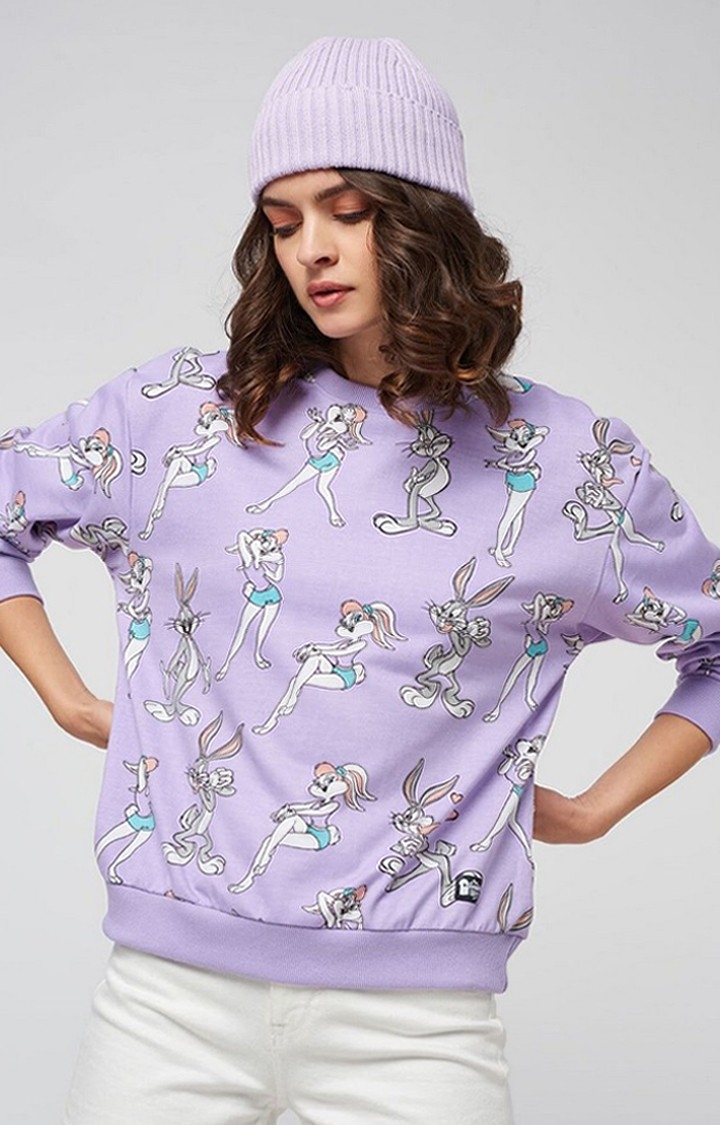 Women's Looney Tunes: Bugs And Lola Pattern Purple Printed Sweatshirts