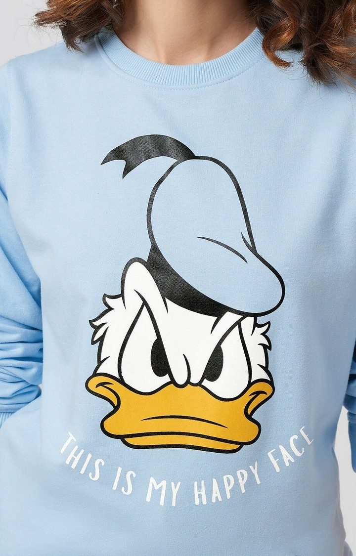 Women's Donald Duck: My Happy Face Blue Printed Sweatshirts