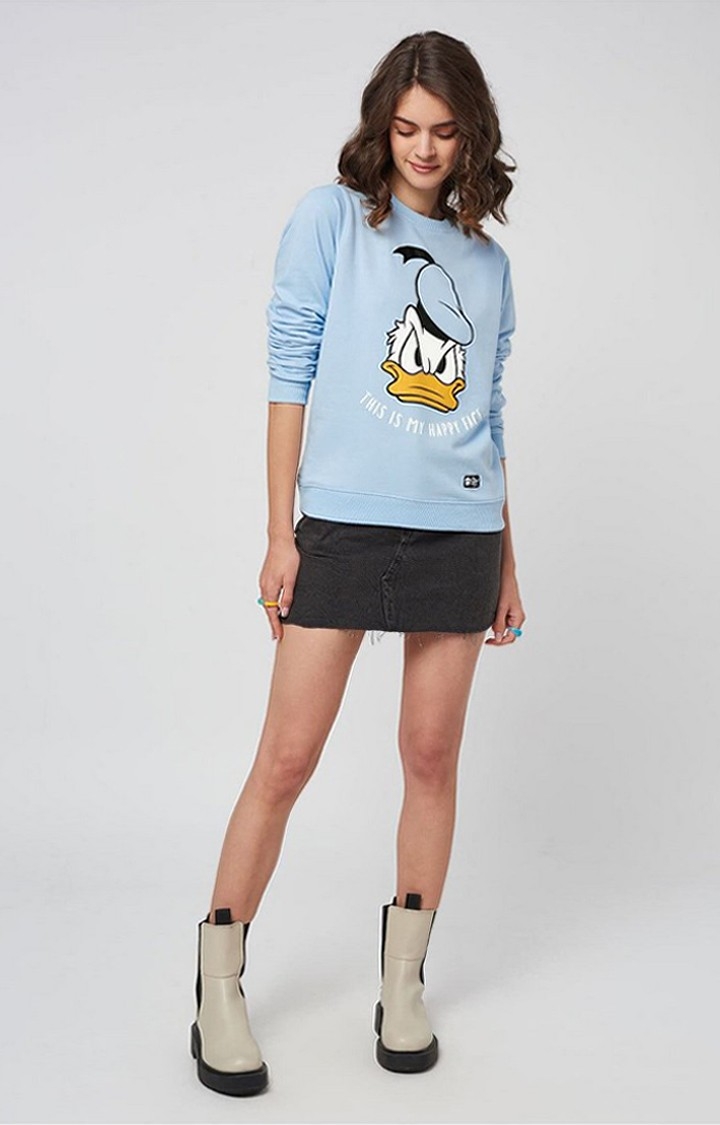 Women's Donald Duck: My Happy Face Blue Printed Sweatshirts