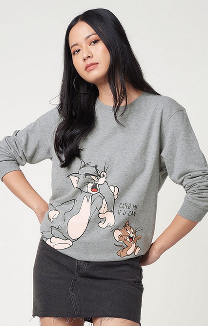 Women's Tom And Jerry: Catch Me If You Can Grey Printed Sweatshirts