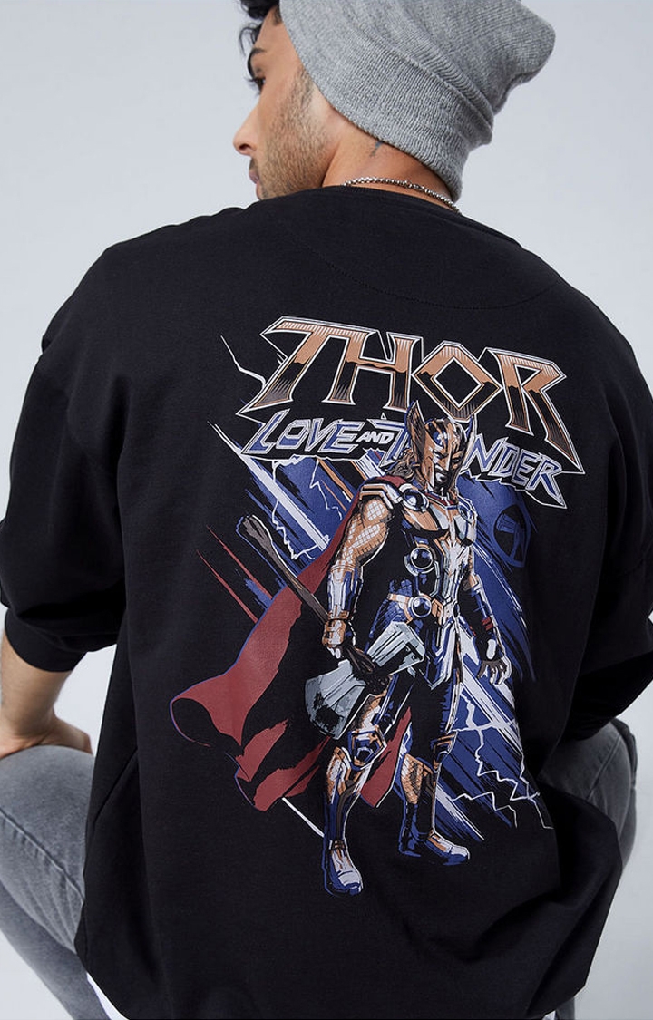 Men's Thor: God of Thunder Black Printed Oversized T-Shirt