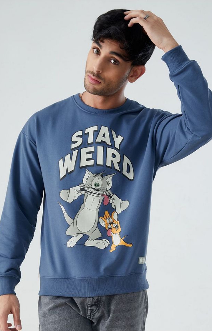 Men's Tom And Jerry: Stay Weird Blue Printed Oversized T-Shirt