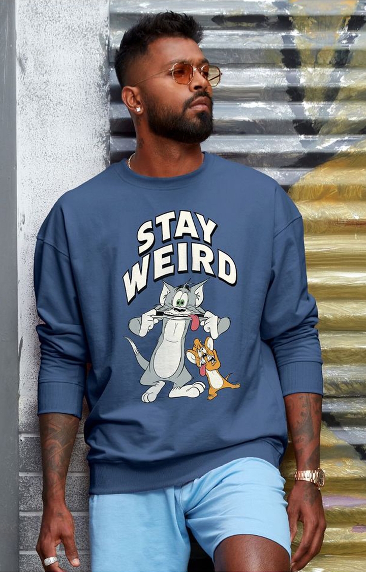 Men's Tom And Jerry: Stay Weird Blue Printed Oversized T-Shirt