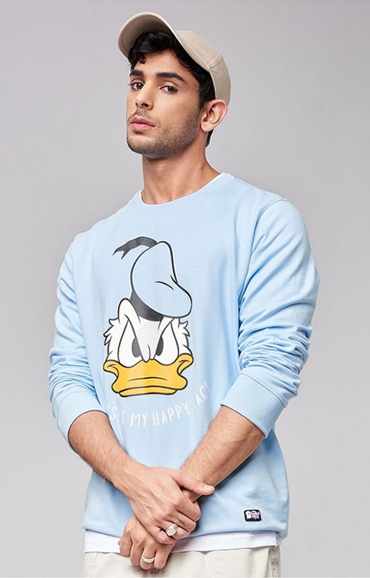 Men's Donald Duck: My Happy Face Blue Printed Sweatshirts