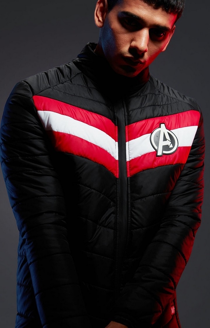 Men's Avengers: Logo Black Striped Bomber Jacket