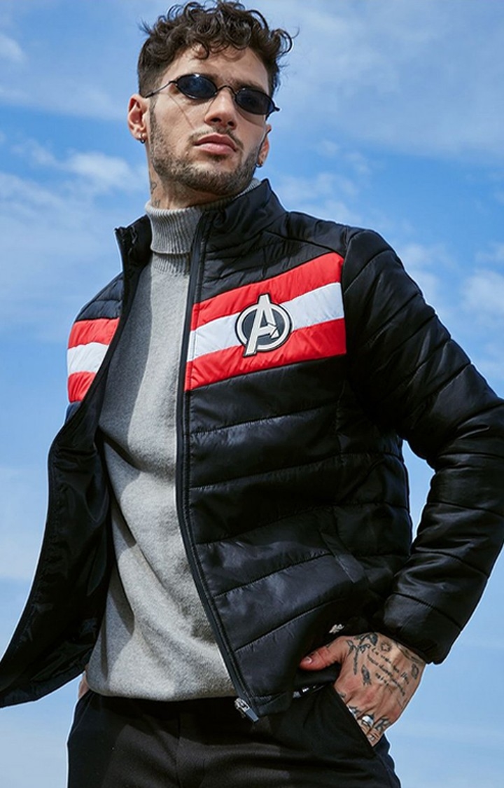 Men's Avengers: Logo Black Striped Bomber Jacket