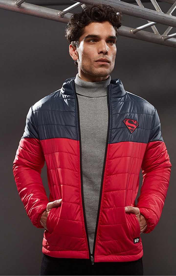 Men s Superman Logo Red Grey Colourblock Bomber Jacket The Souled Store