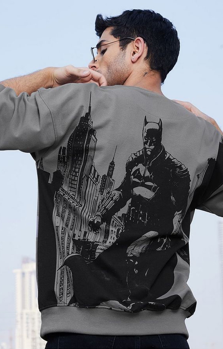 Men's Batman: Dark Knight Takes Over Grey Printed Oversized T-Shirt