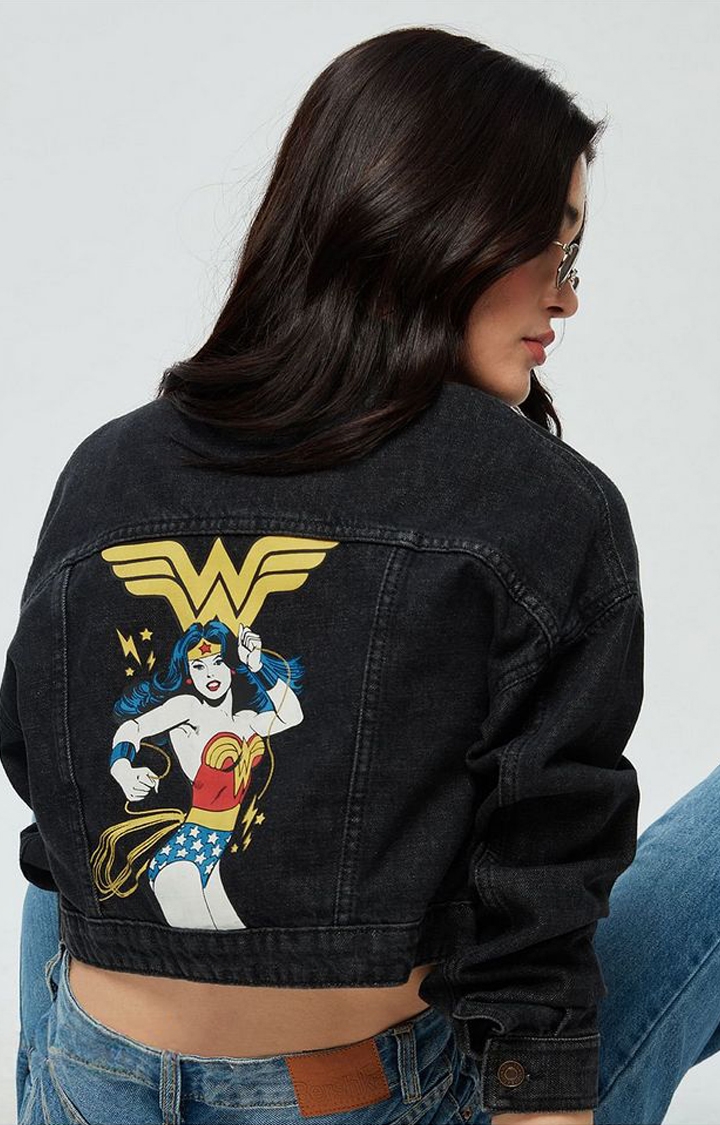 Women's Wonder Woman: Team Diana Black Printed Denim Jacket