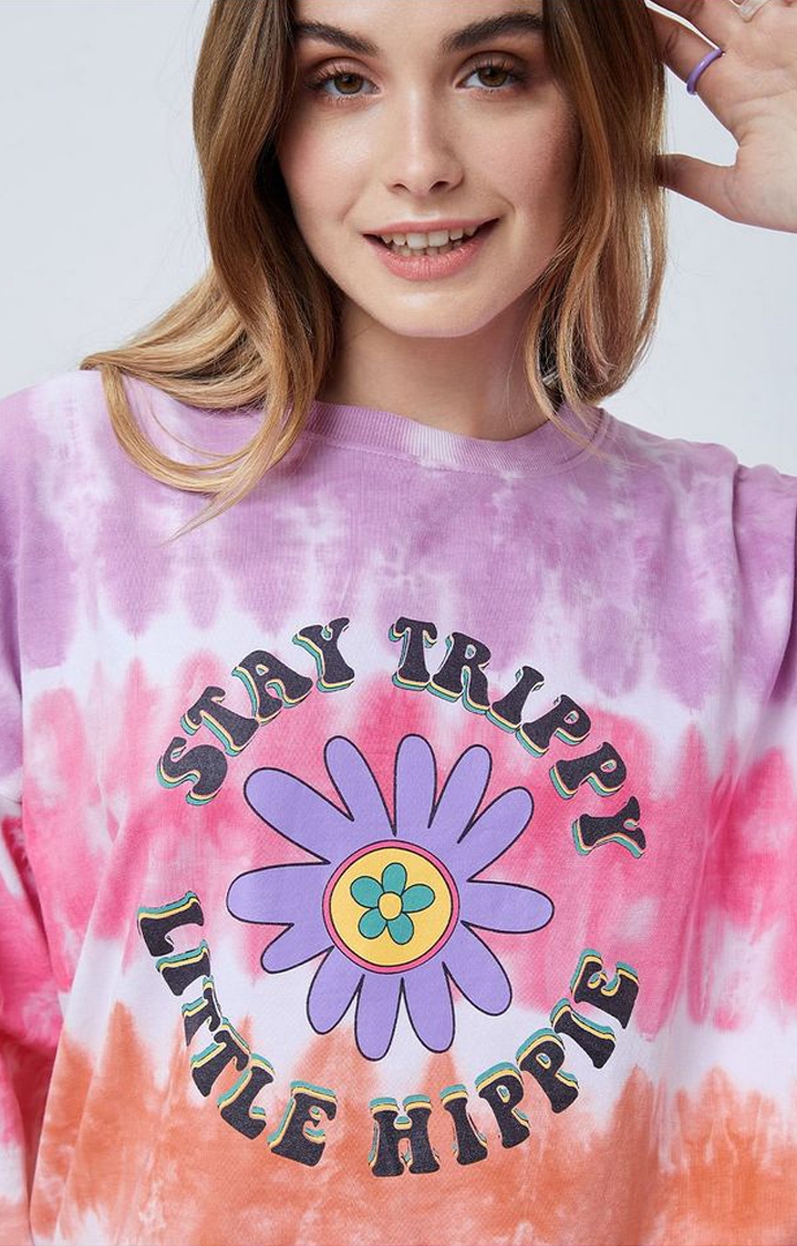 Women's Stay Trippy Little Hippie Multicolour Tie Dye Printed Sweatshirts