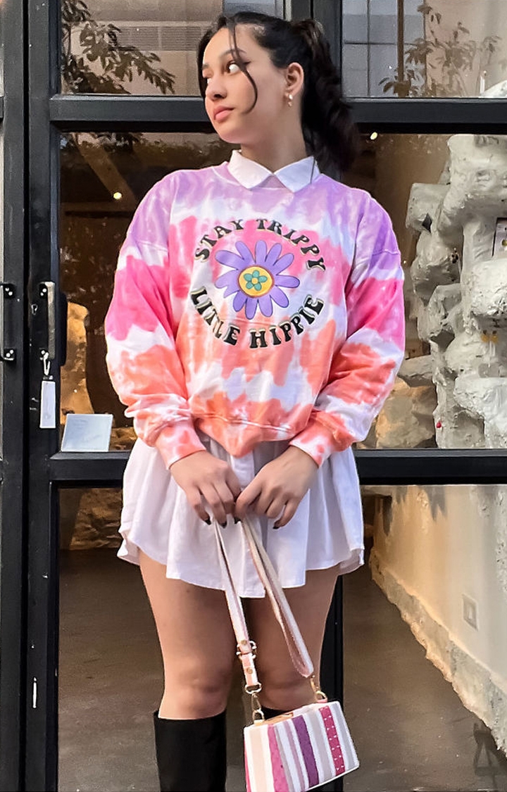 Women's Stay Trippy Little Hippie Multicolour Tie Dye Printed Sweatshirts