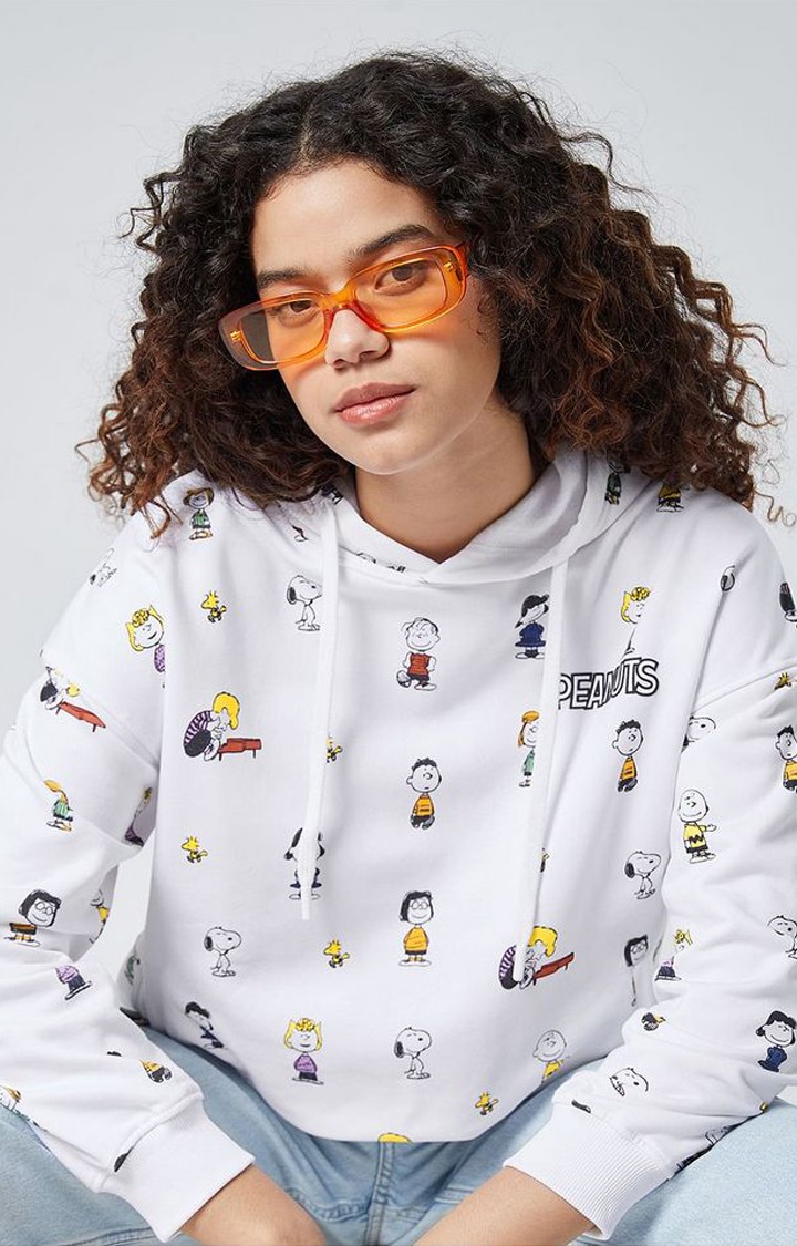 Women's Peanuts: Character Prints White Printed Hoodies