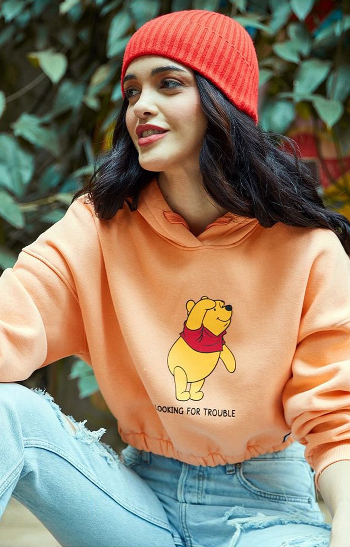 Women's Winnie The Pooh: Looking For Trouble Orange Printed Hoodies