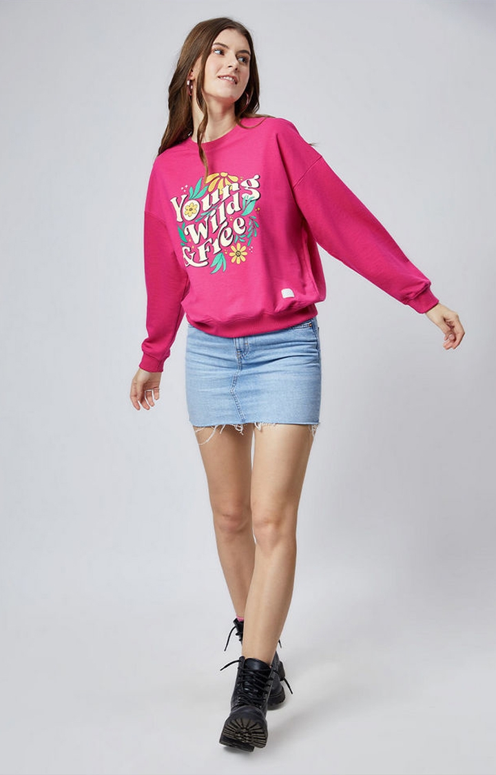 Women's Young Wild & Free Pink Typographic Printed Sweatshirts