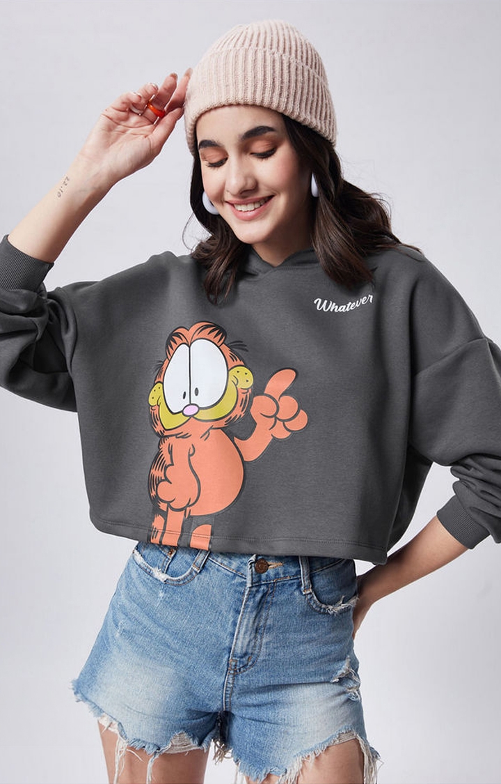 Women's Garfield: Cat Face Grey Printed Hoodies