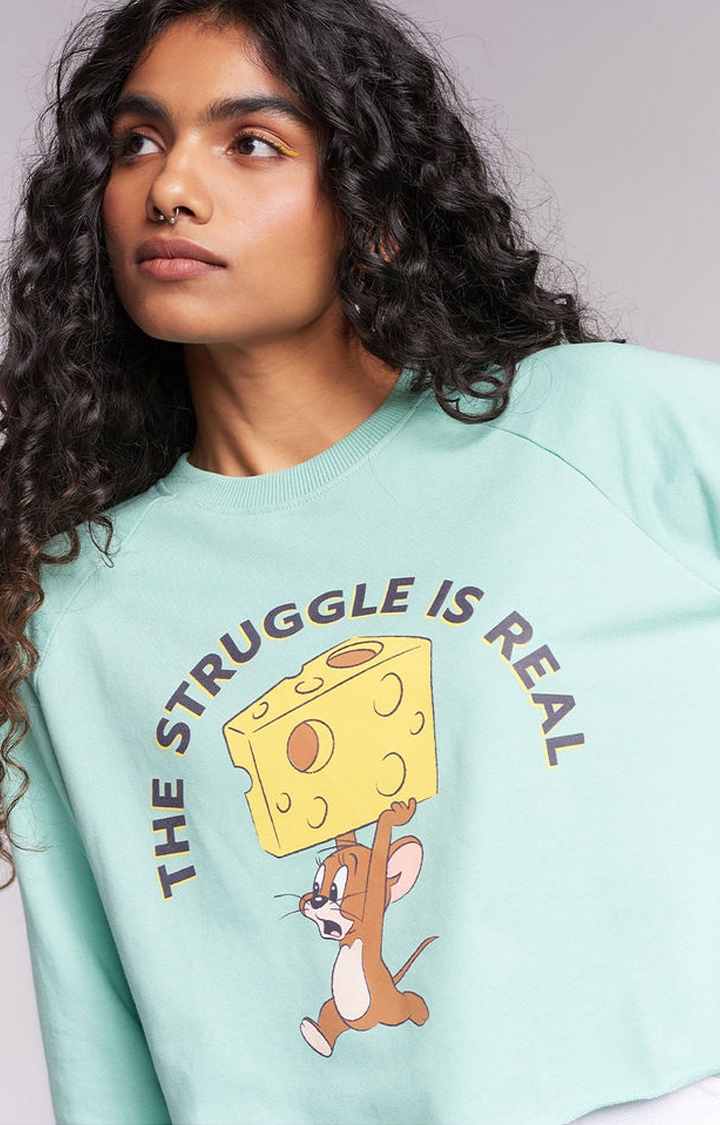 Women's Tom & Jerry: Cheesy Jerry Blue Printed Crop Top