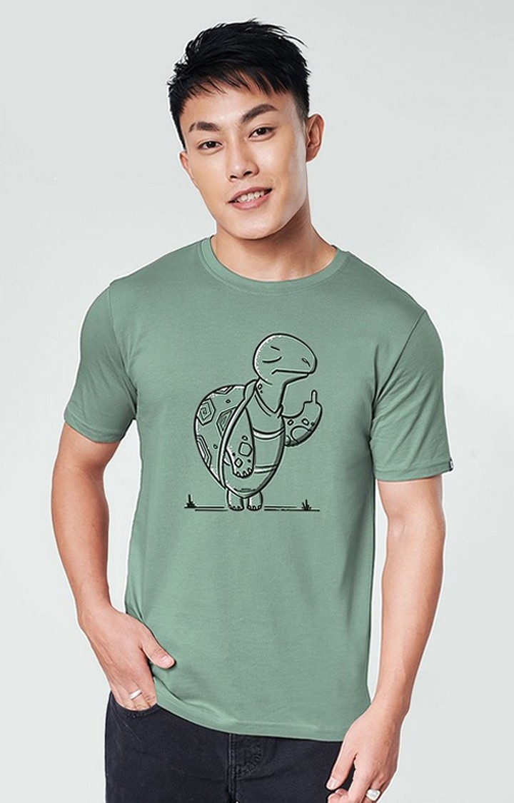 Men's Save the Tortoise Green Printed Regular T-Shirt