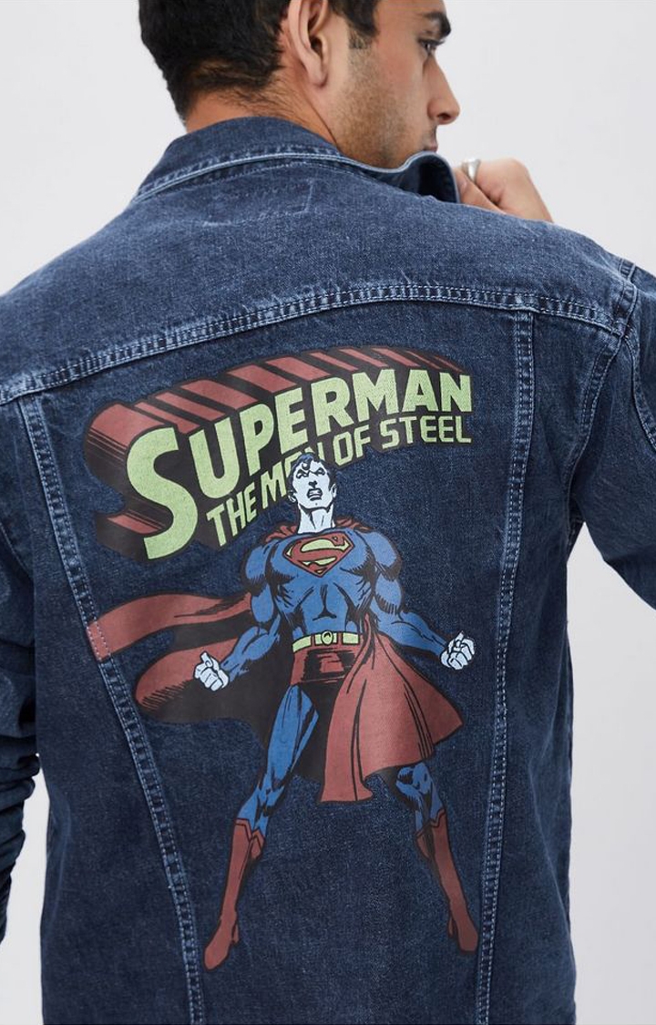 Men's Superman: Superpowered Blue Printed Denim Jacket