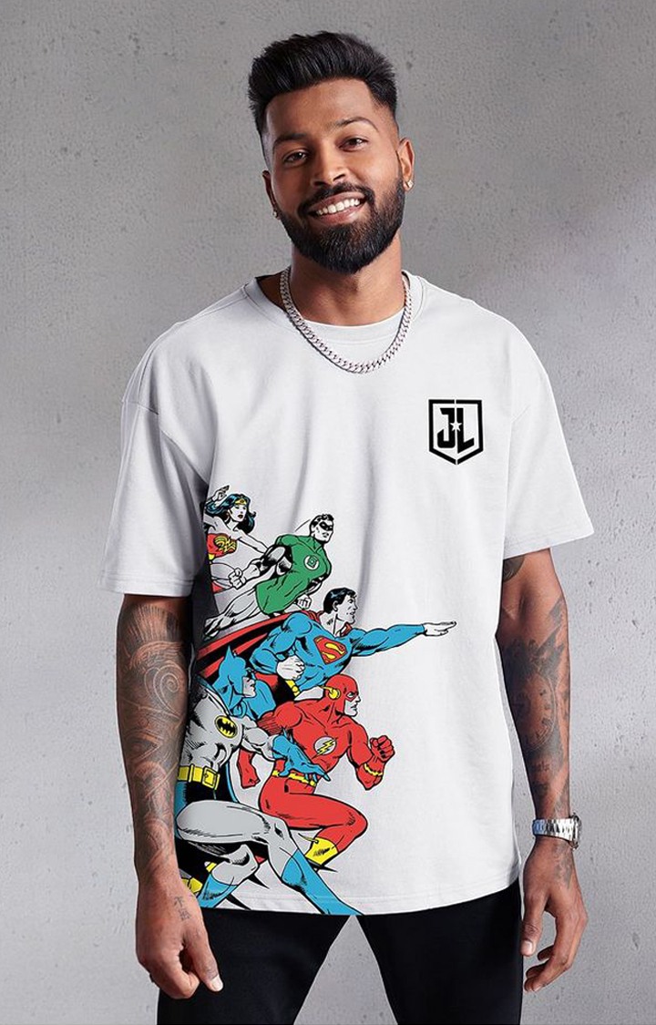 Men s DC Justice League White Printed Oversized T Shirt