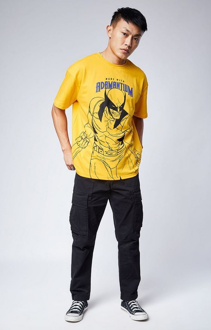 Men's Marvel: Made with Adamantium Yellow Printed Oversized T-Shirt