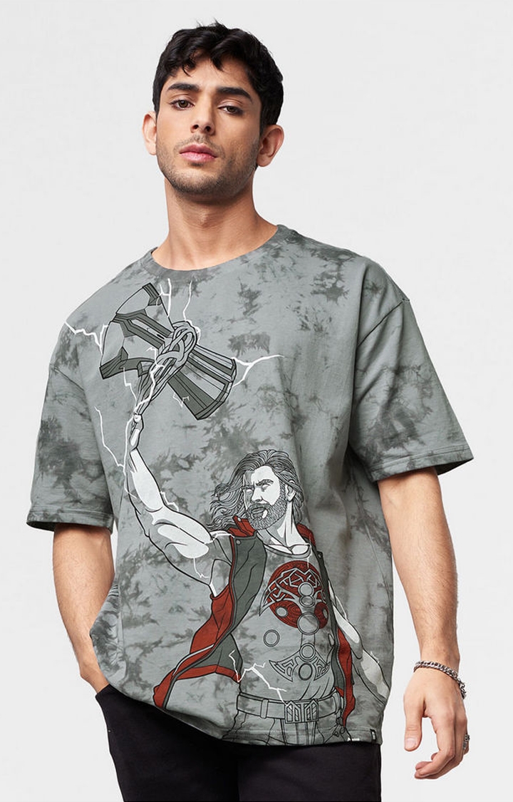 Men's Thor: Over Thunder Grey Printed Oversized T-Shirt