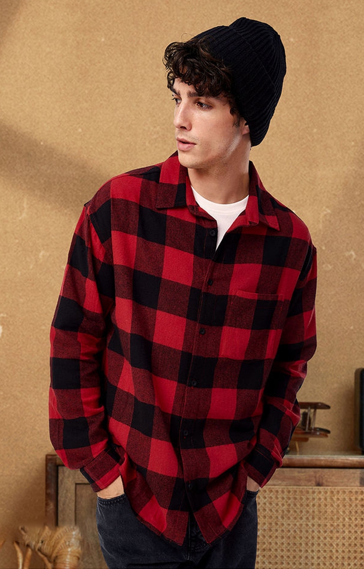 The Souled Store | Men's Red Checked Oversized Shirt