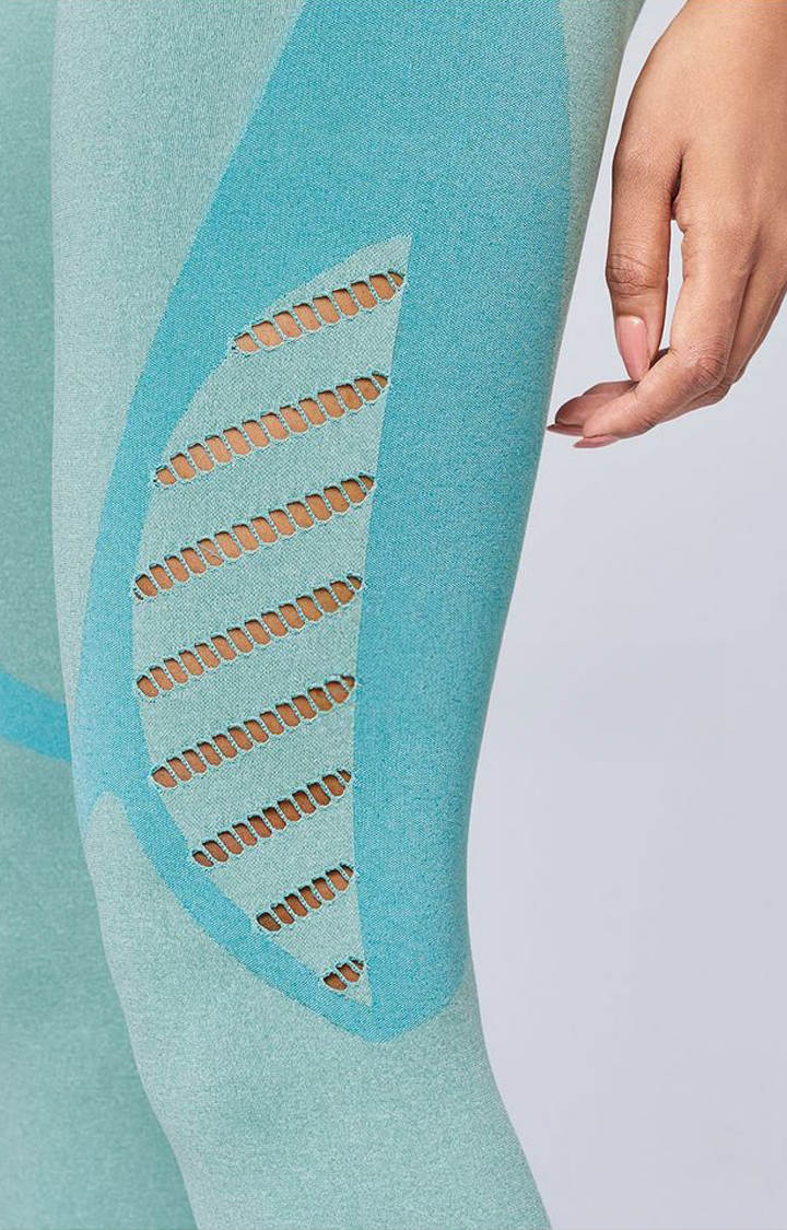 Women's  Blue Nylon Colourblocked Tights