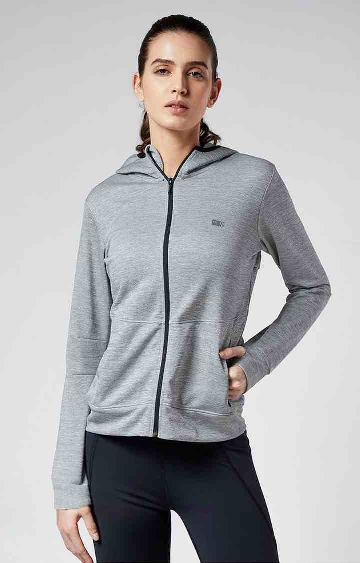 Women's Grey Melange Textured Activewear Jacket