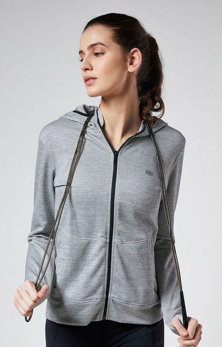 Women's Grey Melange Textured Activewear Jacket
