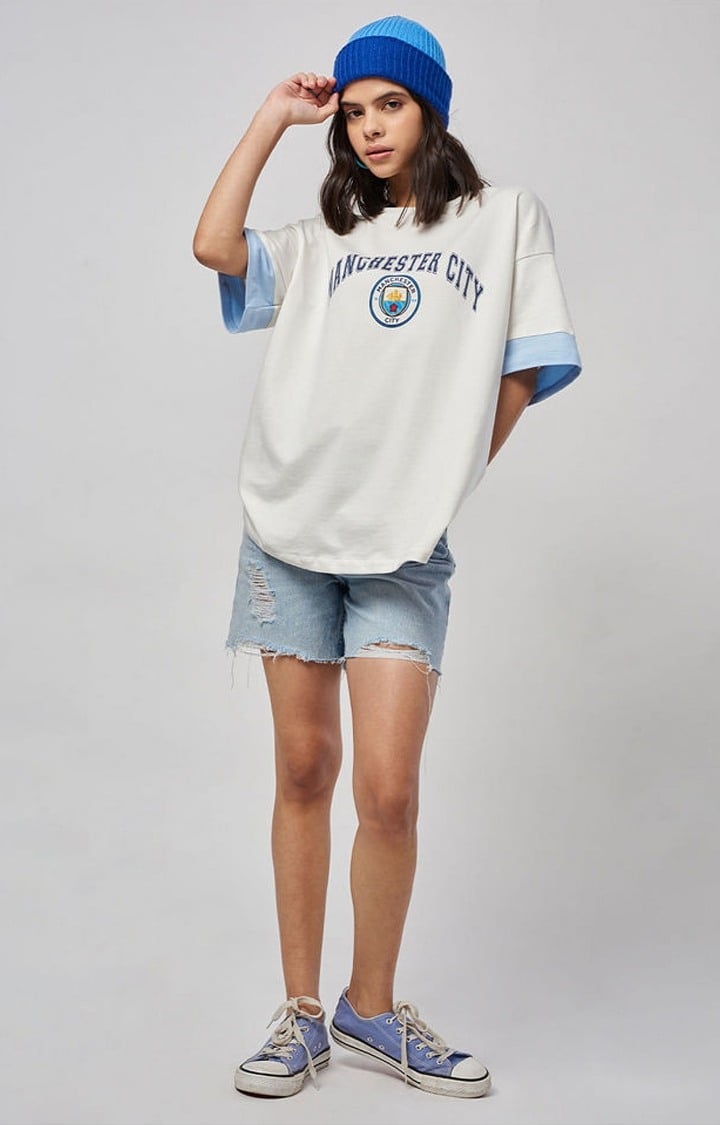 Women's Manchester City: Logo Off White Printed Oversized T-Shirt