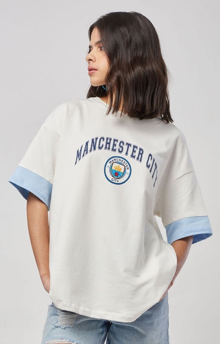 Women's Manchester City: Logo Off White Printed Oversized T-Shirt