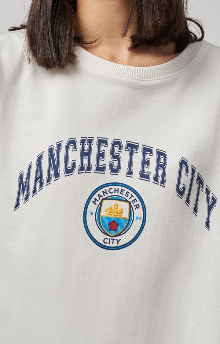 Women's Manchester City: Logo Off White Printed Oversized T-Shirt