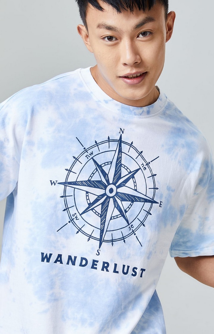 Men's Wanderlust Blue Tie Dye Printed Oversized T-Shirt