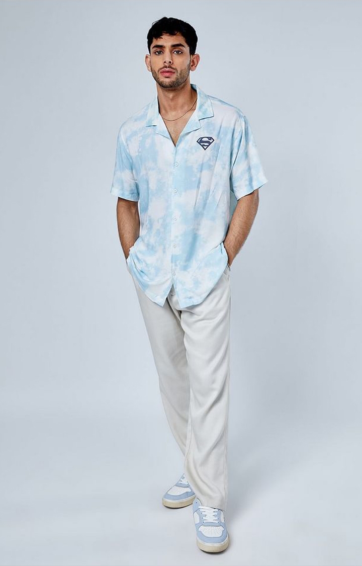 Men's Superman: Go Hawai Blue Tie Dye Printed Casual Shirt