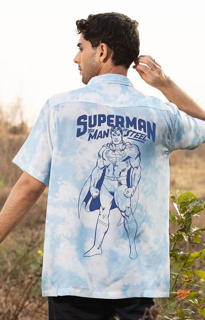 Men's Superman: Go Hawai Blue Tie Dye Printed Casual Shirt